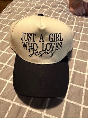 “Just a Girl Who Loves Jesus” Baseball Cap – Beige & Black – Embroidered